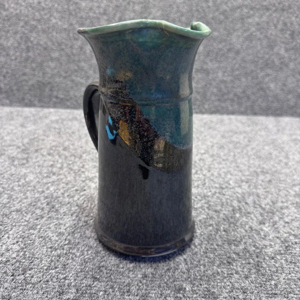 Studio Pottery Pitcher Handmade OS Black Green Drip Glaze Rustic Artisan Boho